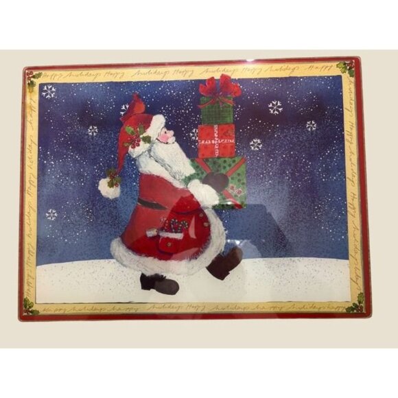 VTG Santa-Themed Glass Cutting Board w Happy Holidays Border 12"x10" Heat/ Scrat - Picture 3 of 8